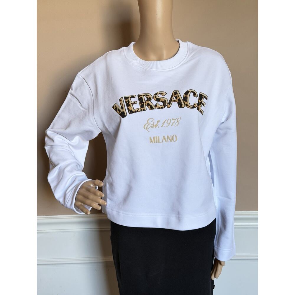Versace Logo White Cotton Crop Sweatshirt 4 US (40 Euro) 1019251 NWT - Picture 4 of 15